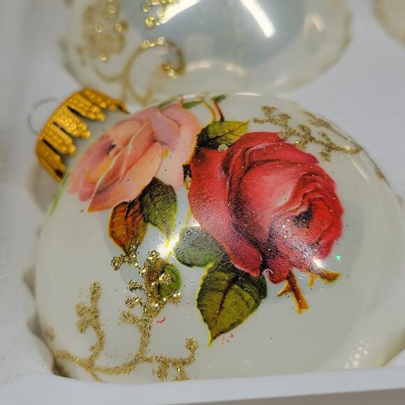 Vtg Christmas by Krebs Rose Ornaments Hand Decorated Glass Ball Crowned Set of 3 - Picture 12 of 16